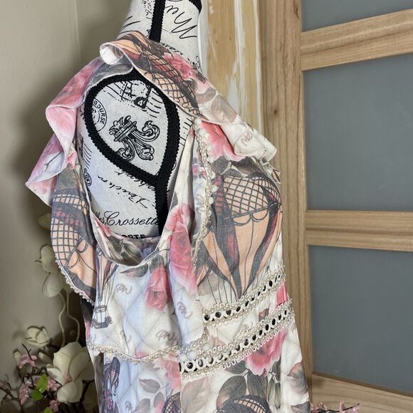 Perfect Way Floral Romantic Mini Dress Elegant W/Pearly Beads Woman Size M - Picture 7 of 12